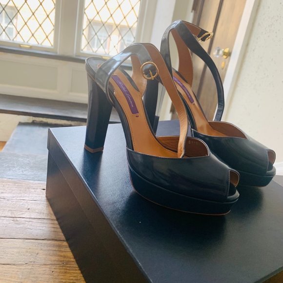 Ralph Lauren Leather Navy Peep Toe Heels - Picture 2 of 5